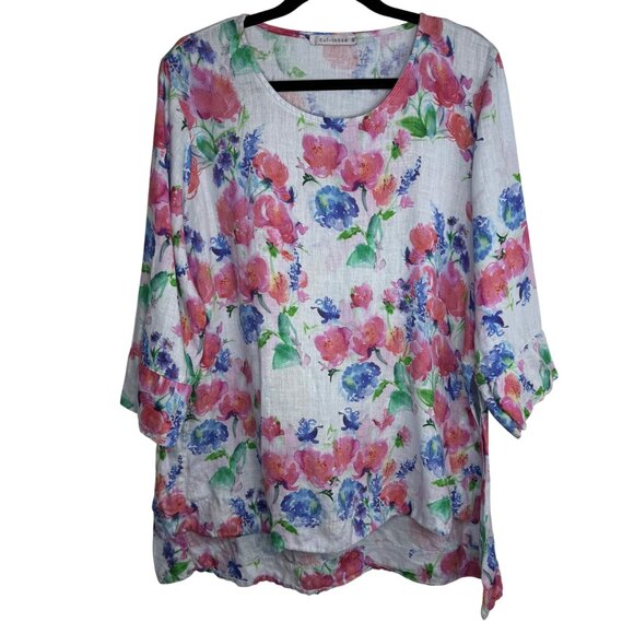 Cut Loose Blue Pink Floral 100% Linen Tunic Top 3/4 Sleeve HighLow Lagenlook SzM - Picture 1 of 7
